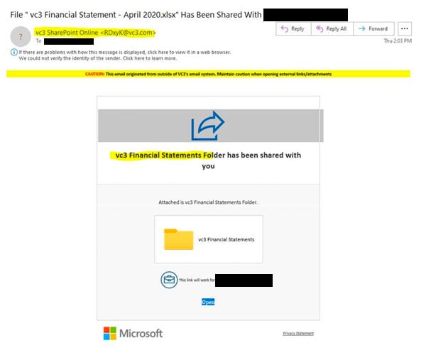A screenshot of a phishing attack mimicking a SharePoint file share