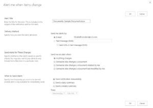 Screenshot from SharePoint illustrating the document notification feature