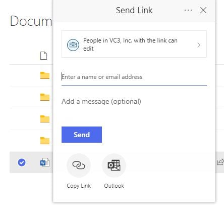 Screenshot from SharePoint illustrating the Send Link feature