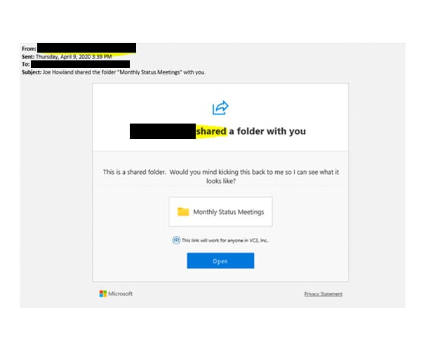 A screenshot illustrating the legitimate email that results from a SharePoint file share