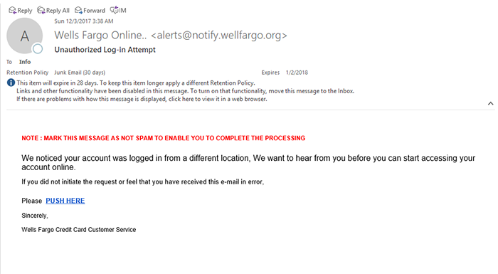 Wells Fargo Scam Email