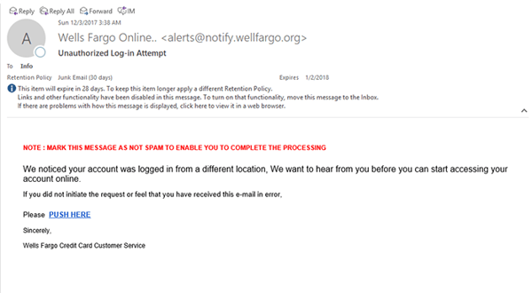 Wells Fargo Scam Email